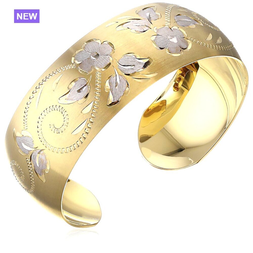 14K Gold-Filled Hand Engraved Cuff Bracelet Floral Pattern